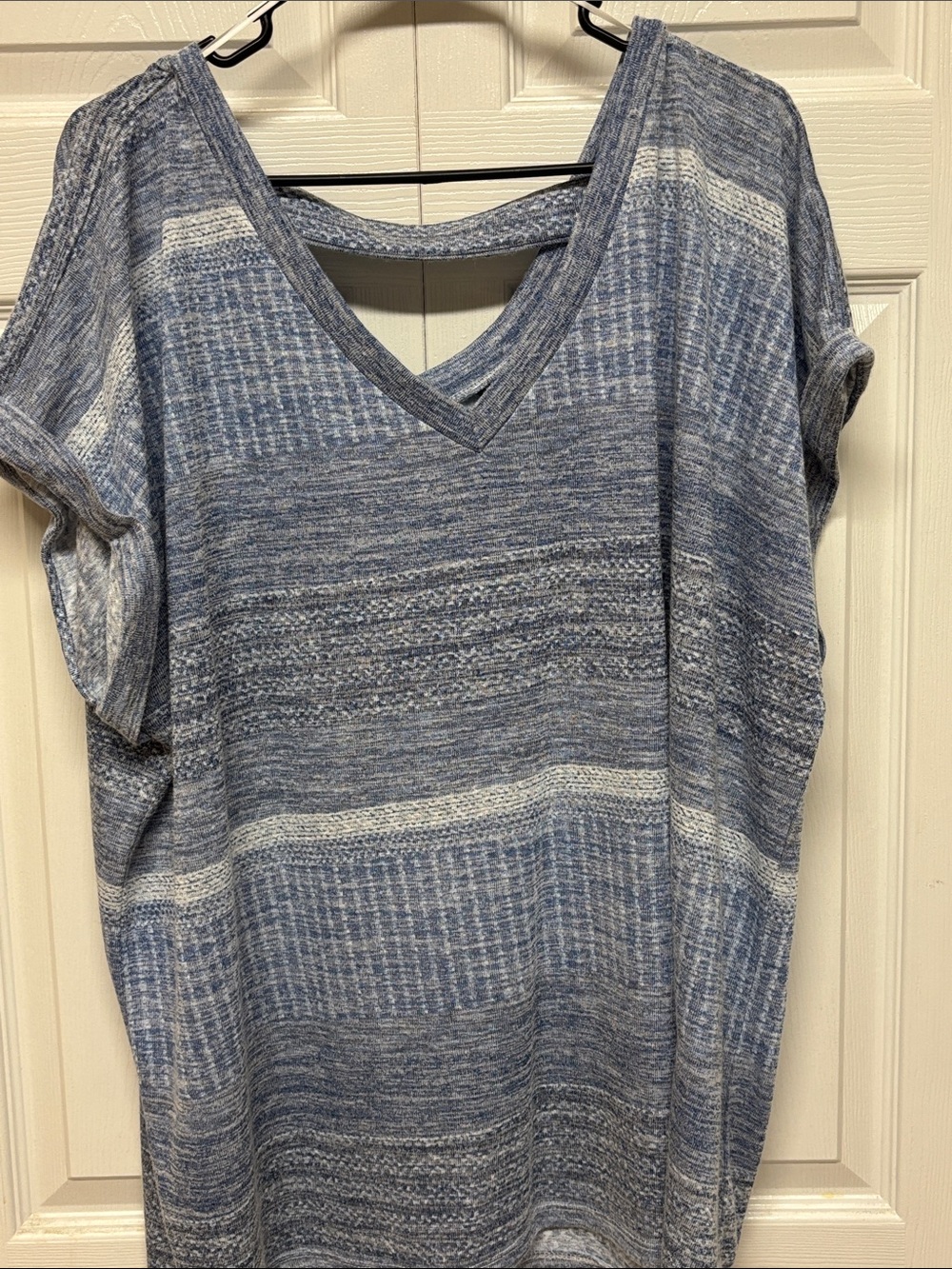 Bobeau Boatneck V-Neck Knit Top in Heathered Blue
